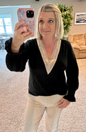 Black Lace Trim Neck with Ruffle Sleeve