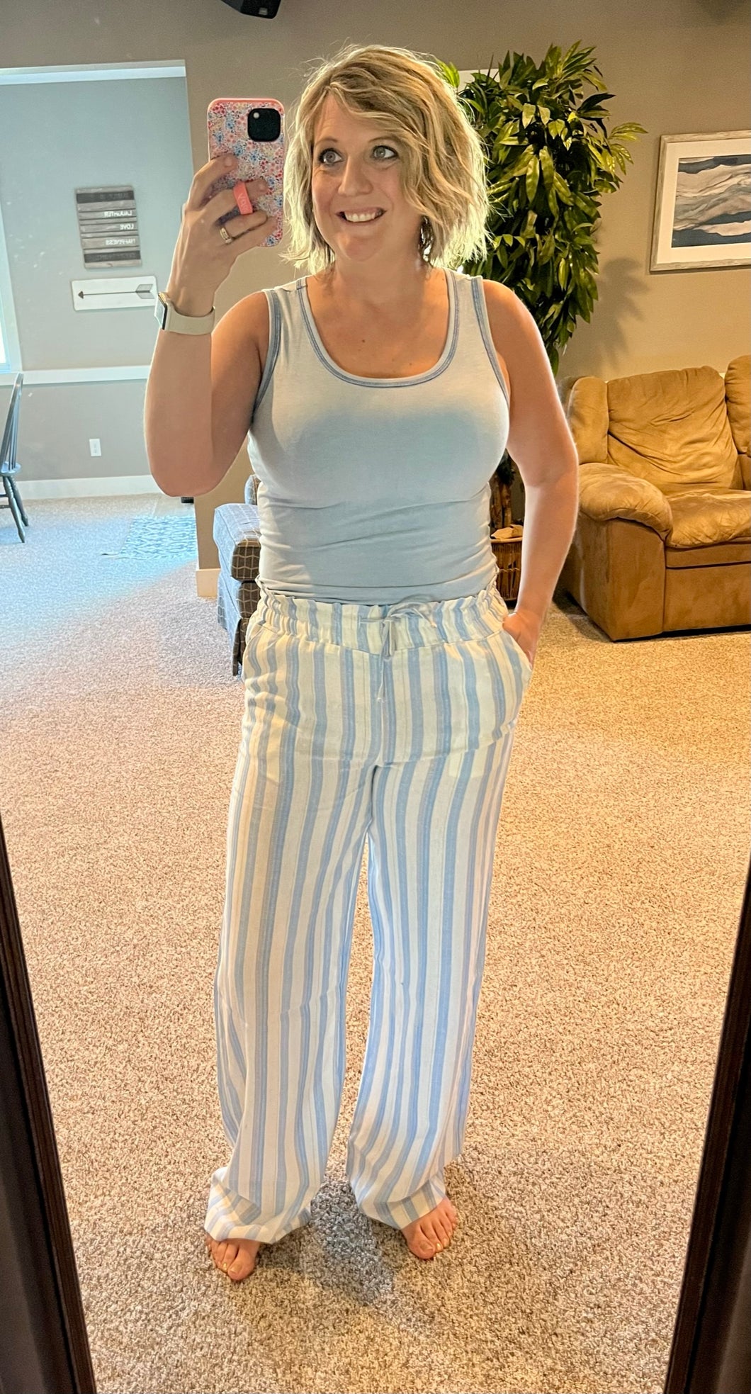 Light Blue Striped Linen Pants