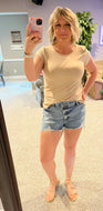 Beige Crew Neck Tee with Crochet Sleeve Detail