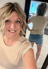Load image into Gallery viewer, Beige Crew Neck Tee with Crochet Sleeve Detail
