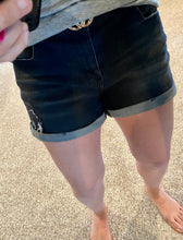 Load image into Gallery viewer, Black cuffed denim shorts
