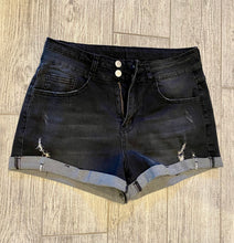 Load image into Gallery viewer, Black cuffed denim shorts
