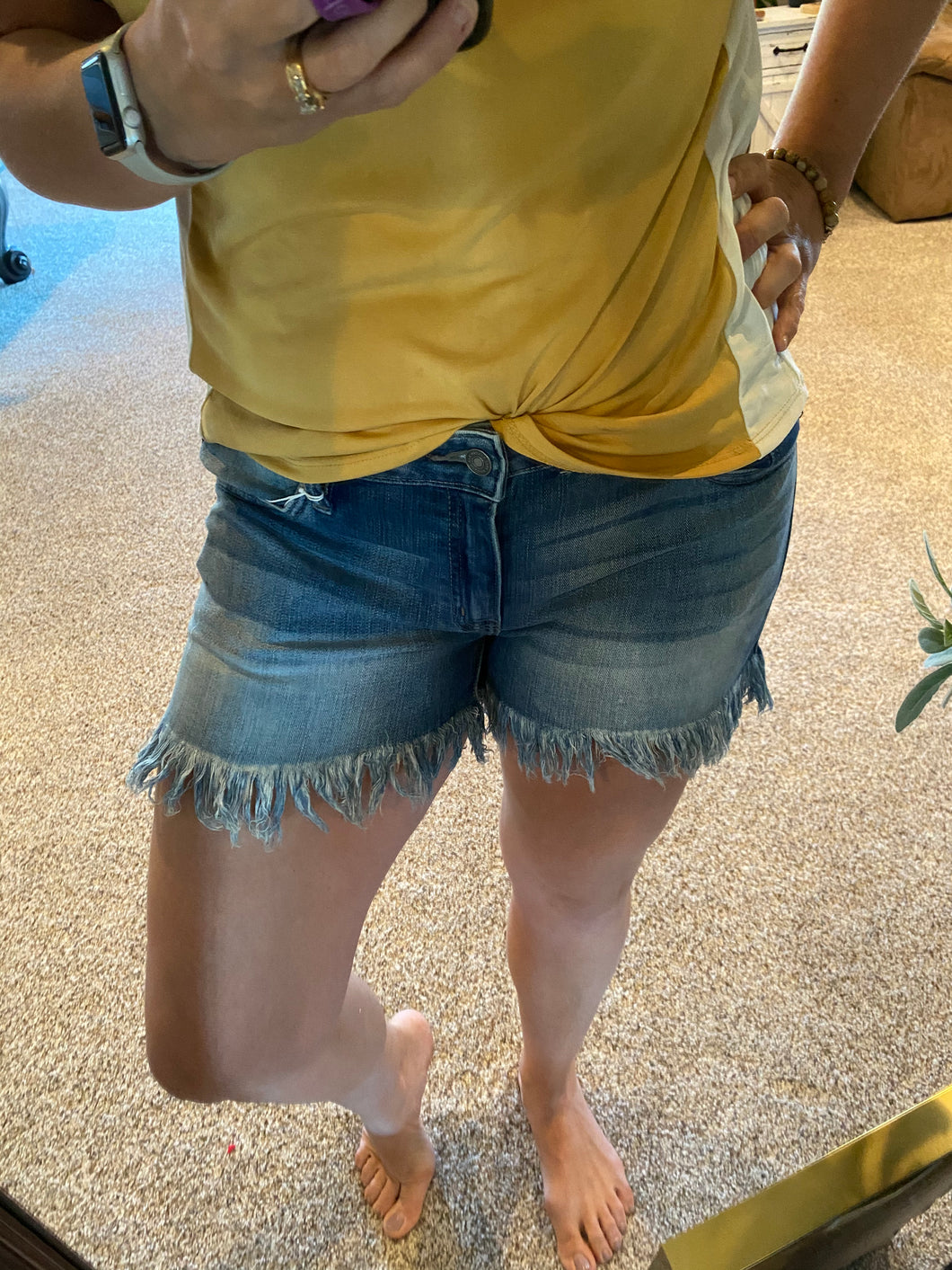 Medium Wash Fringe Kae Can Jean Shorts