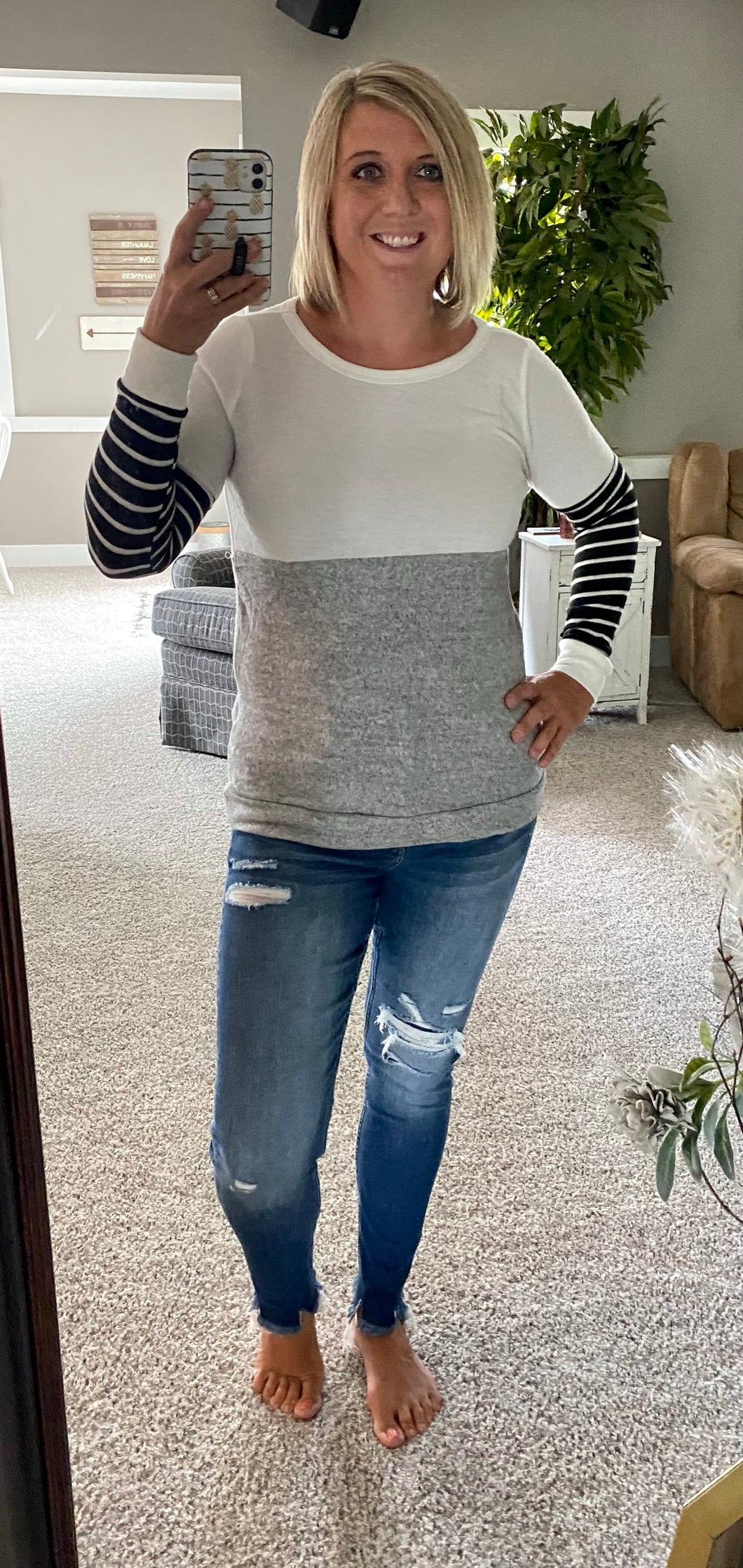 Staccato Grey/Ivory Color Blocked Long Sleeved Top