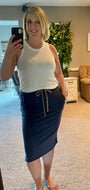 Navy Terry Cloth Pencil Skirt with Leopard Drawstring