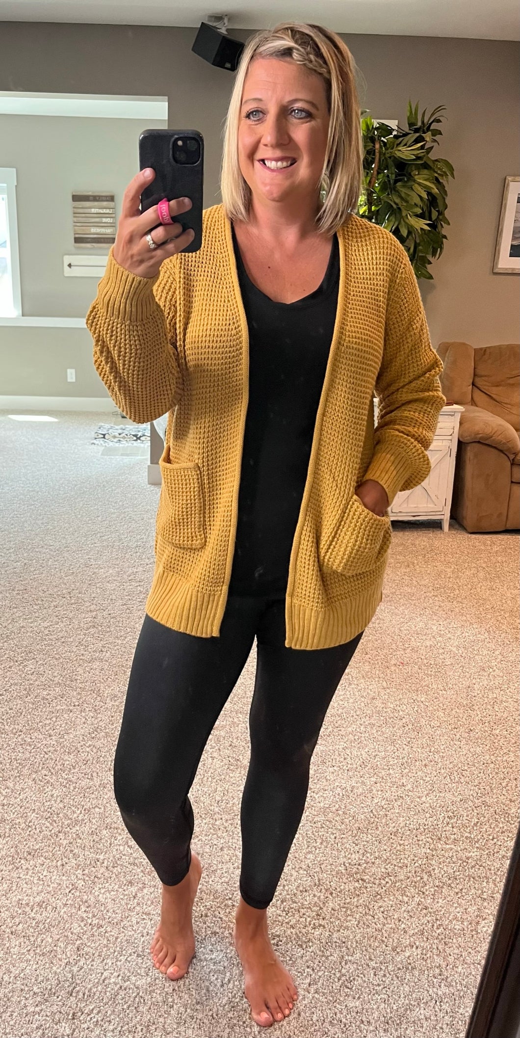 Mustard Waffle Knit Pocket Cardigan