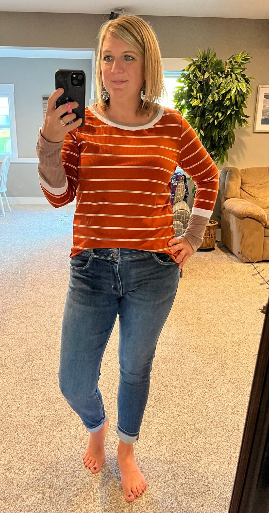 Rust Striped Henley with Mocha Sleeves