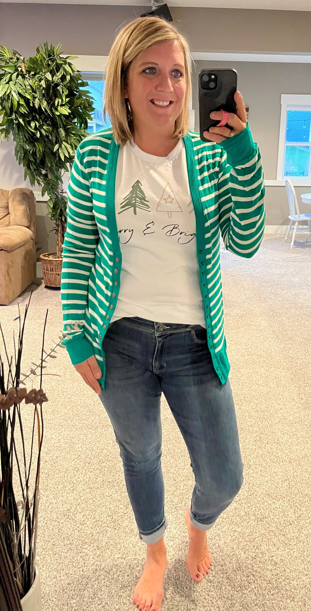 Green Striped Snap Cardigan