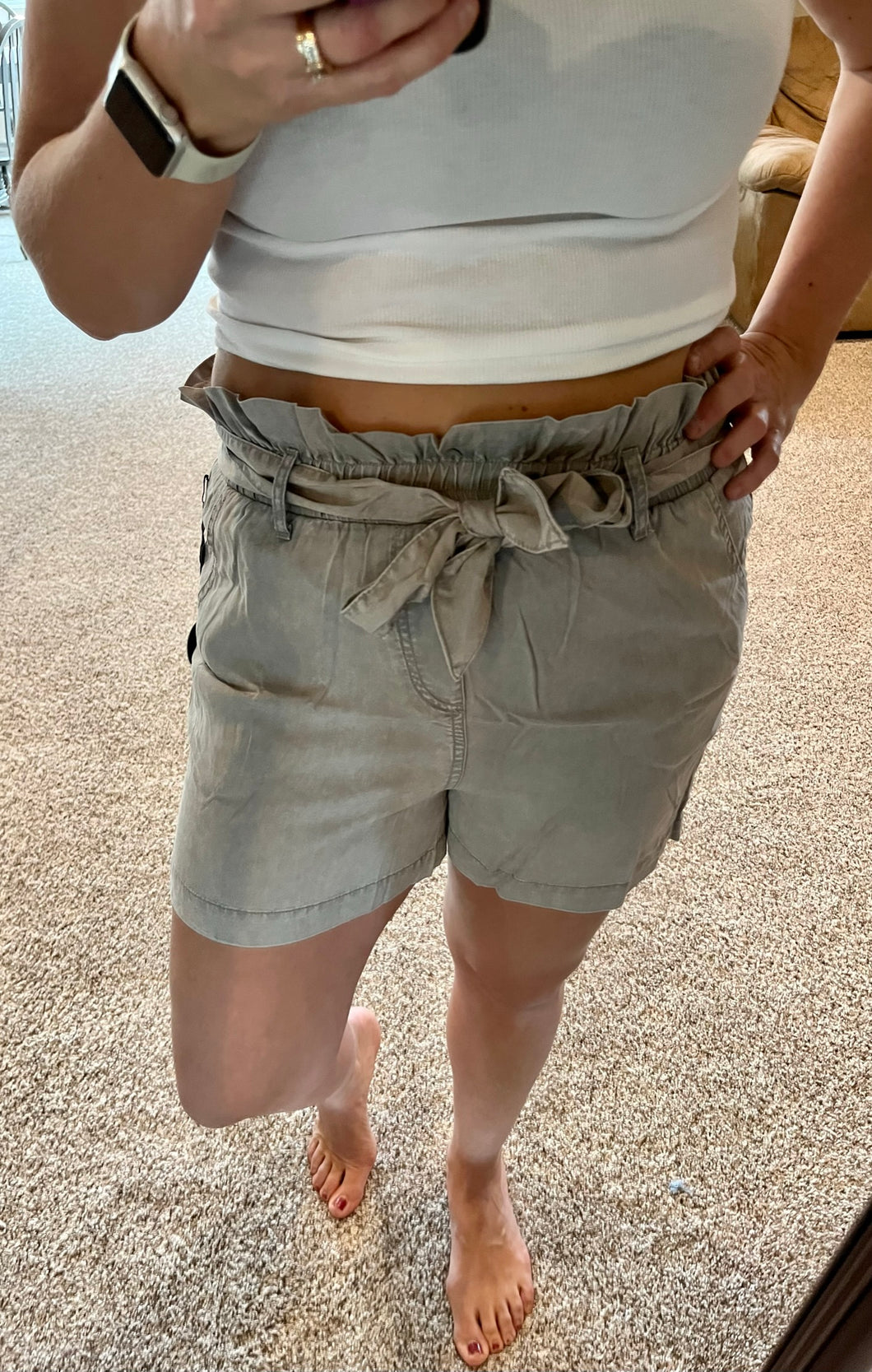 Gray High Waist Paperbag Belted Shorts